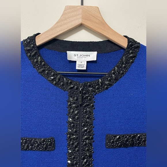 ST. JOHN EVENING Cobalt Blue Wool Black Embellished Jacket Dress - Picture 6 of 10